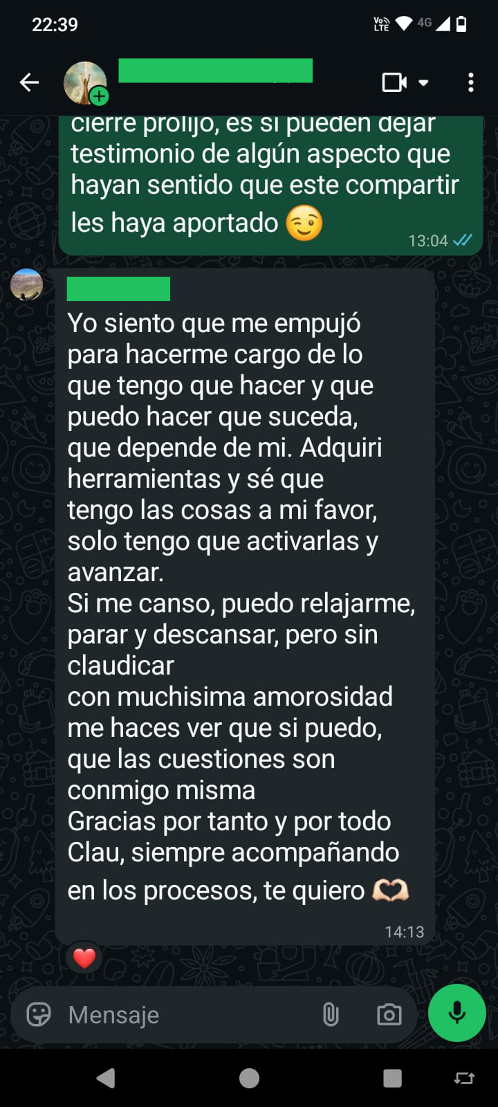 Mensaje de una participante del Reto El Arte de Recibir